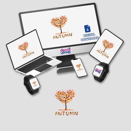 Autumn Tree digital artwork displayed on a laptop, tablet, and smartwatch. Available as stickers or digital art from Decal Venue, showcasing unique nature-inspired designs.