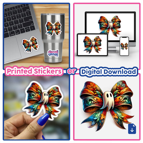 Ghost Coquette Bow Halloween sticker collage, featuring close-ups on a laptop, phone, and fingernail, showcasing its versatility as a unique decal or digital artwork.