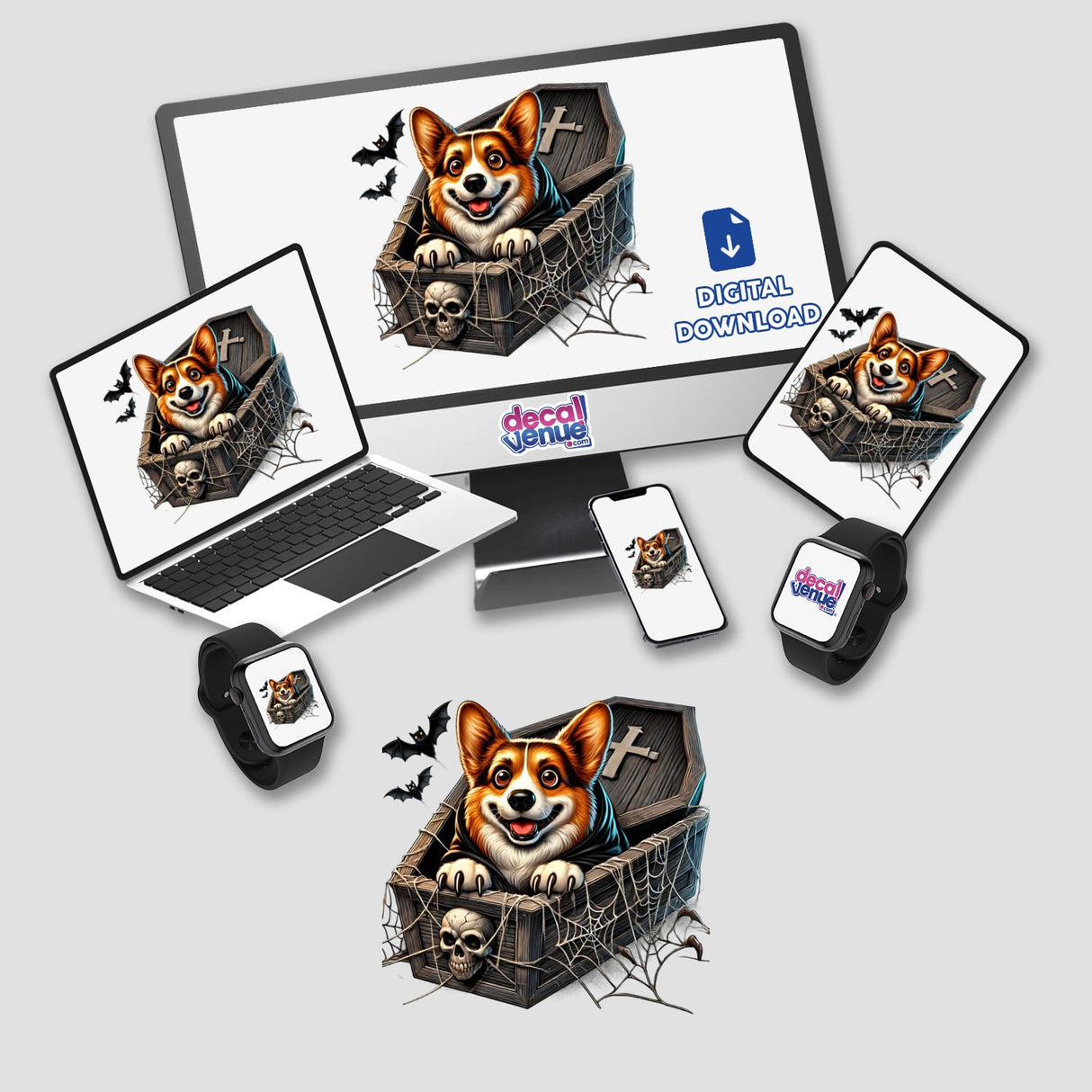 Cute Corgi peeking out of coffin in spooky Halloween digital artwork, suitable for decals, stickers, and custom printed designs from Decal Venue.