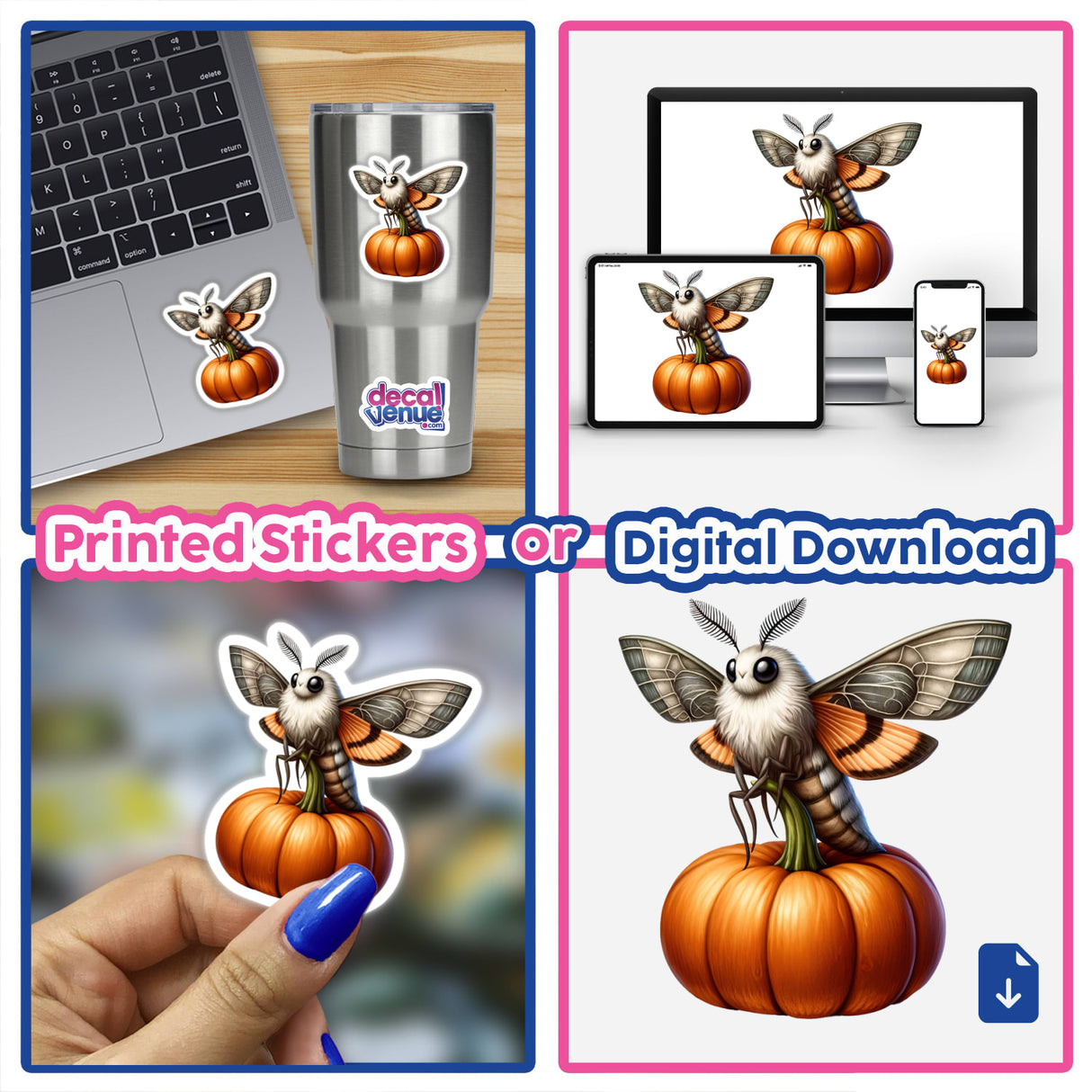 Moth Perched on a Pumpkin sticker collage featuring close-ups of a bee on a pumpkin, detailed decals, and a painted fingernail, showcasing unique digital artwork from Decal Venue.