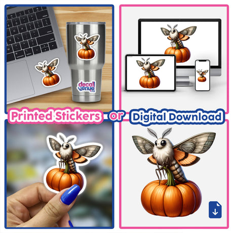 Moth Perched on a Pumpkin sticker collage featuring close-ups of a bee on a pumpkin, detailed decals, and a painted fingernail, showcasing unique digital artwork from Decal Venue.