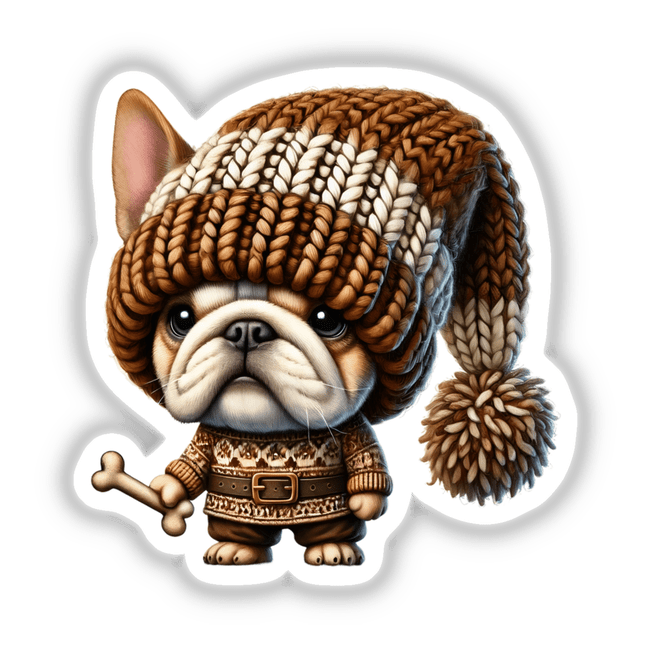 Cartoon of a Bulldog Gnome Holding Dog Bone, wearing a knit hat and sweater, available as stickers or digital artwork.