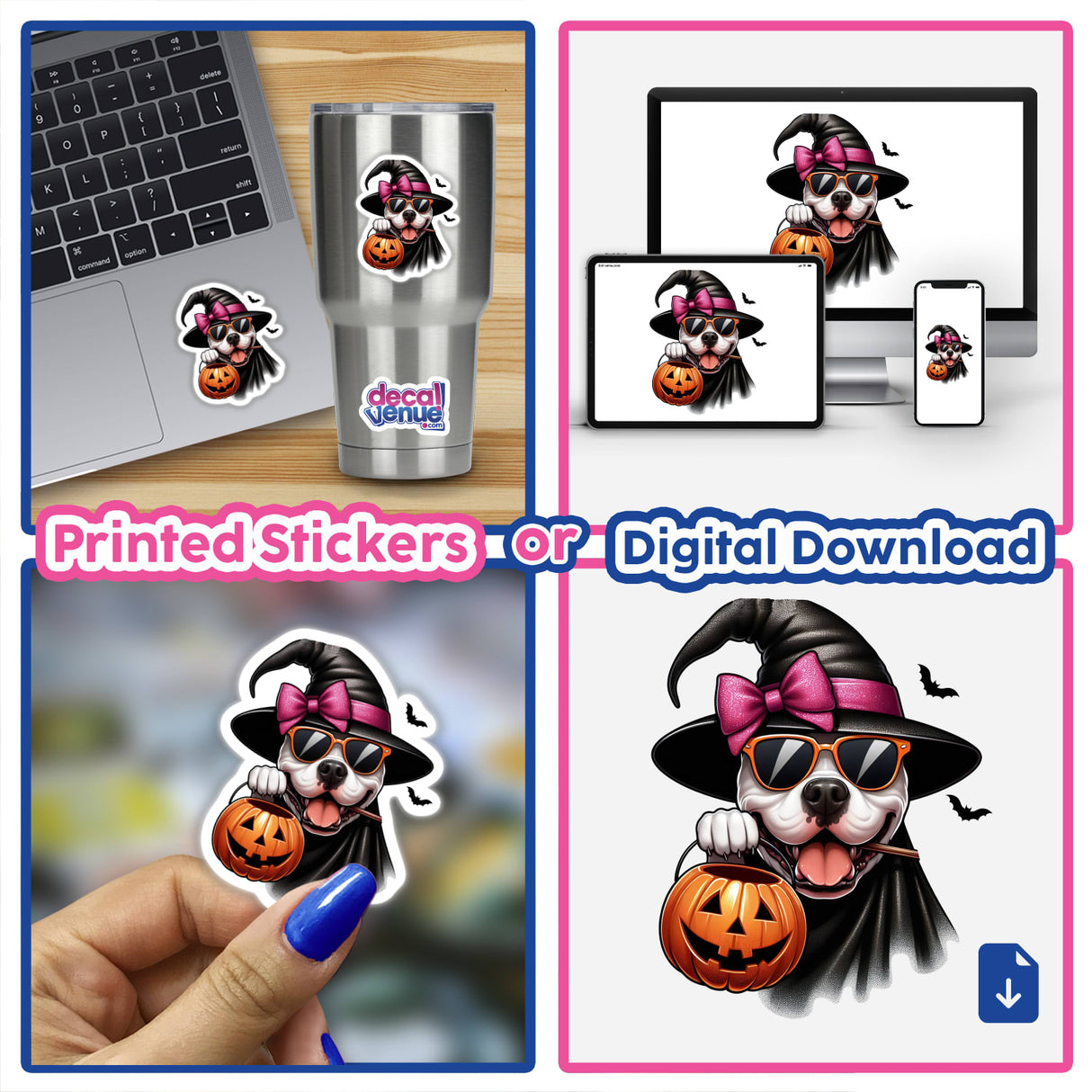Halloween Trick or Treat Pitbull Bully Dog sticker featuring a dog in a hat and sunglasses, holding a pumpkin. Available as stickers or digital artwork from Decal Venue.