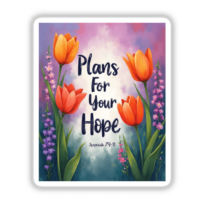 Fauvist Spring Snapdragon “Plans For Your Hope” Jeremiah 29:11 Sticker or Clipart features a vibrant painting of tulips and leaves, reflecting Decal Venue's unique vinyl stickers and digital art offerings.