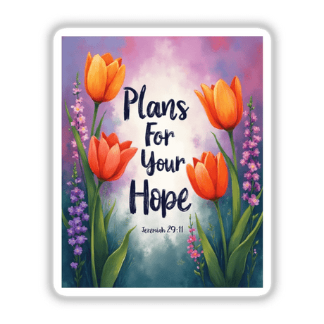 Fauvist Spring Snapdragon “Plans For Your Hope” Jeremiah 29:11 Sticker or Clipart features a vibrant painting of tulips and leaves, reflecting Decal Venue's unique vinyl stickers and digital art offerings.
