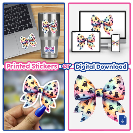 Ghost Pattern Coquette Bow displayed among various objects, including a laptop and a hand holding the bow, emphasizing its use as stickers or digital artwork.