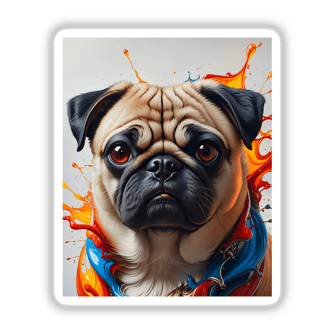 A Cute Pug - Animal Portrait featuring a close-up of a pug's face, highlighting its expressive eyes and snout, available as unique stickers or digital artwork.
