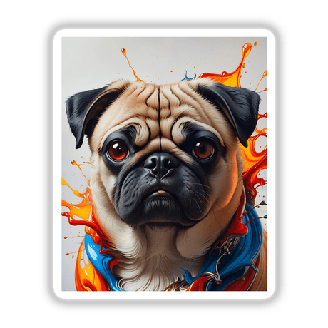 A Cute Pug - Animal Portrait featuring a close-up of a pug's face, highlighting its expressive eyes and snout, available as unique stickers or digital artwork.