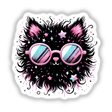 Whimsical fluffy black cat wearing colorful star-patterned sunglasses, surrounded by cosmic stars and sparkles, displayed on a white background.