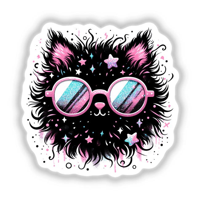 Whimsical fluffy black cat wearing colorful star-patterned sunglasses, surrounded by cosmic stars and sparkles, displayed on a white background.