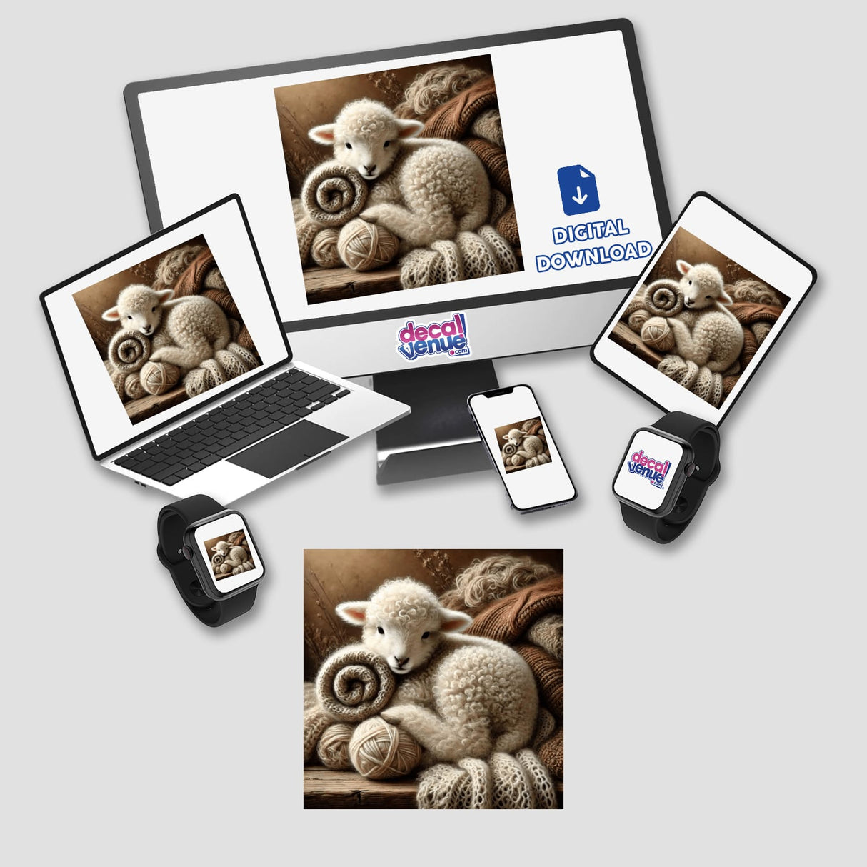 Laptop displaying Lamb on Knitted Scarves digital artwork, with a smart watch and computer monitor showing the same lamb image.