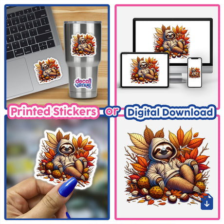Autumn Sloth in Cozy Sweater - Vibrant digital artwork featuring a sloth nestled among fall foliage and accessories, available as printed stickers or digital download from DecalVenue.