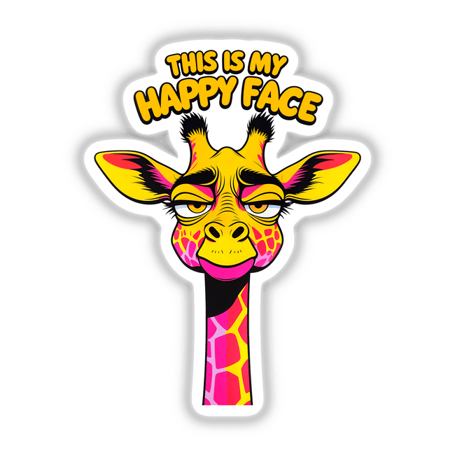 This Is My Happy Face Cute Grumpy Giraffe illustration features a cartoon giraffe with a grumpy expression, perfect for unique stickers or digital artwork from Decal Venue.