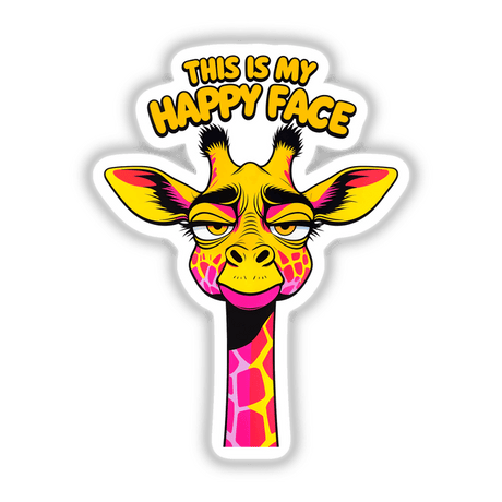This Is My Happy Face Cute Grumpy Giraffe illustration features a cartoon giraffe with a grumpy expression, perfect for unique stickers or digital artwork from Decal Venue.