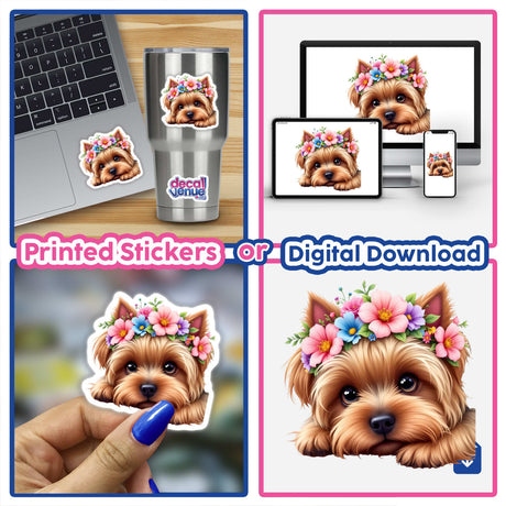 Sticker featuring a Cute Yorkshire Terrier Dog with a Spring Flower crown, held by a person. Perfect for personalizing laptops or spaces, embodying Decal Venue's unique vinyl sticker offerings.