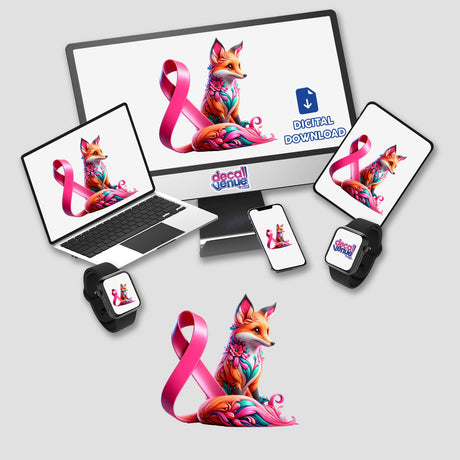 Fox Pink Ribbon Breast Cancer Awareness sticker or digital artwork featuring a colorful fox with a pink ribbon, displayed on a computer monitor and laptop.