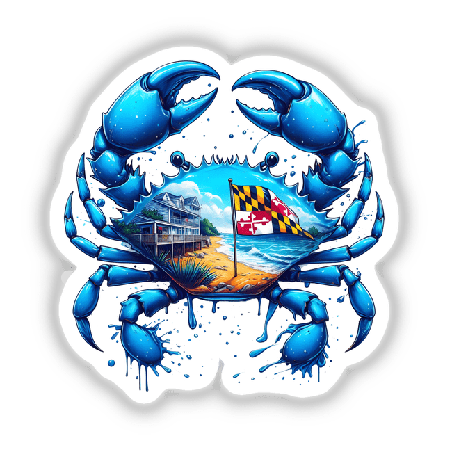 Vibrant digital illustration of a blue crab with intricate details, showcasing its shell, claws, and the Maryland Eastern Shore landscape in the background, including a waving flag and ocean waves. This unique and artistic digital artwork would make an eye-catching sticker or decal.