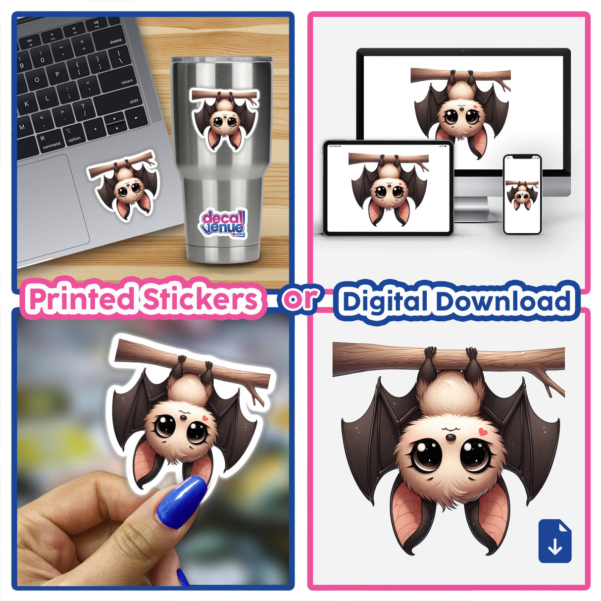 Cute cartoon bat with adorable expression in various product placements including a laptop, phone, and sticker