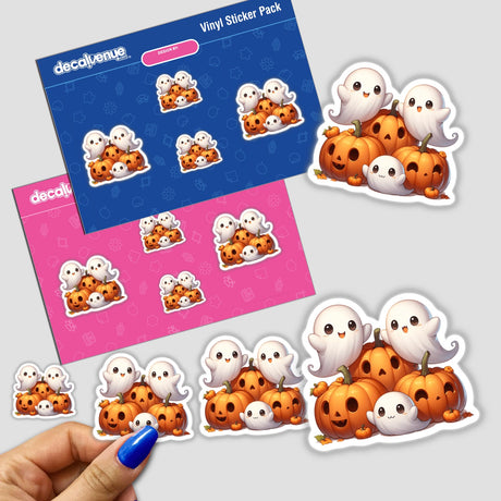 Ghosts and Pumpkins sticker pack featuring cartoon ghosts and pumpkins in various playful poses, available as physical stickers or digital artwork.