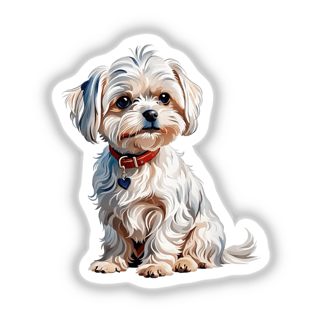Maltese Dog Watercolor Clipart & Stickers – Commercial Rights, featuring a white dog with a red collar, perfect for unique stickers and digital art.
