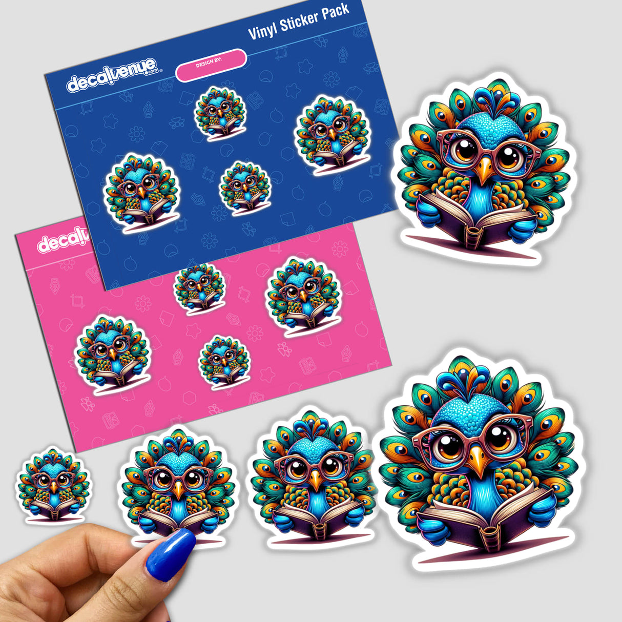 Peacock With Reading Glasses Open Book sticker pack featuring playful cartoon peacocks reading, available as unique vinyl stickers or digital artwork from Decal Venue.