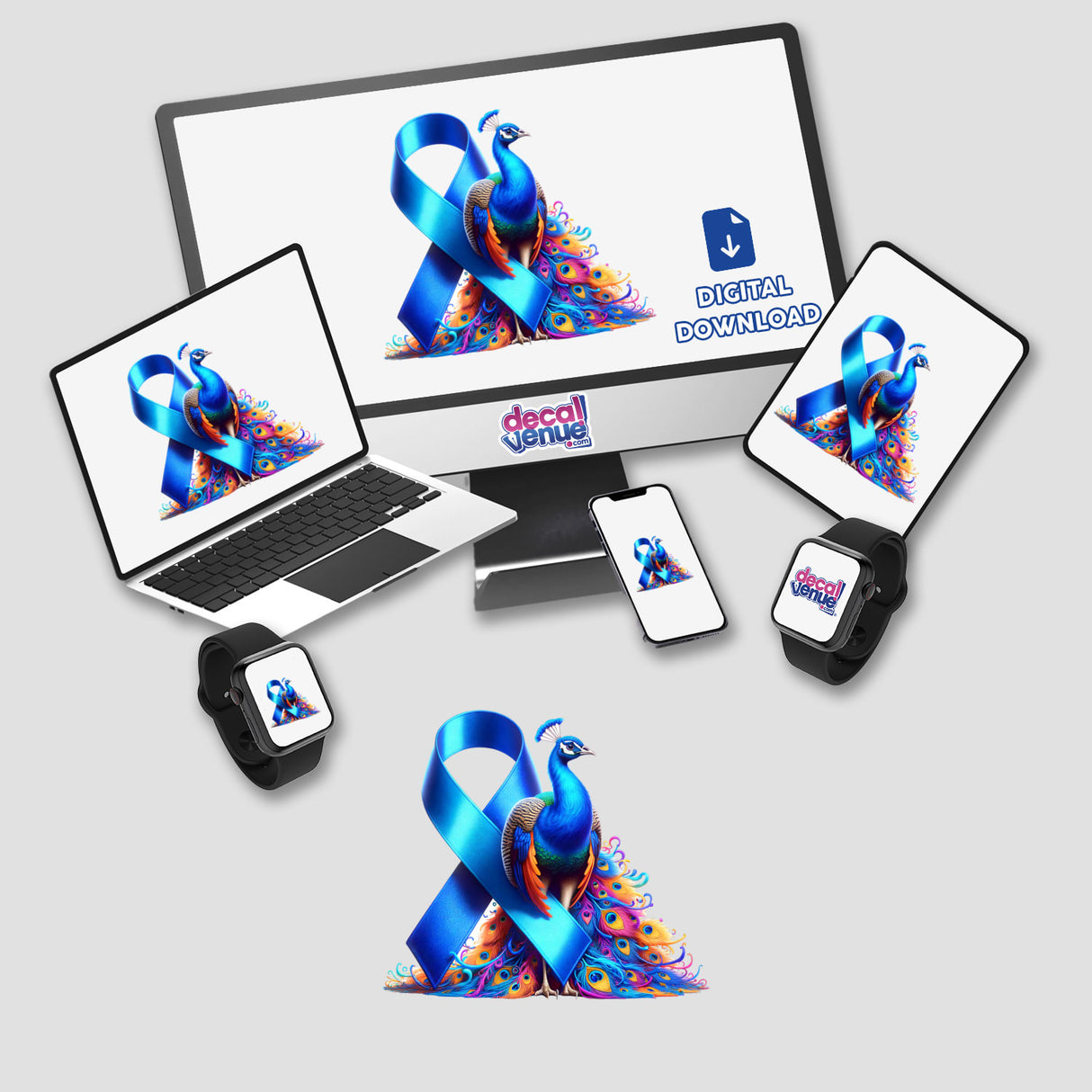Peacock Blue Ribbon Colon Cancer Awareness displayed on a computer monitor, laptop, and smartwatch, symbolizing support. Available as stickers or digital artwork from Decal Venue.