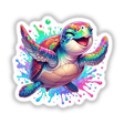 Colorful Happy Turtle Splash: A vibrant illustration of a sea turtle with closed eyes and spread flippers, available as stickers or digital artwork from Decal Venue.