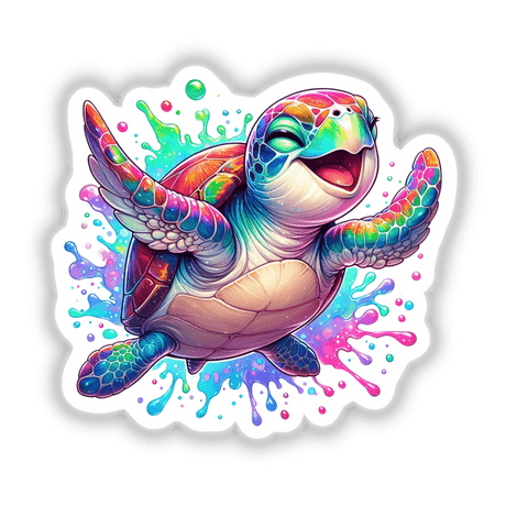 Colorful Happy Turtle Splash: A vibrant illustration of a sea turtle with closed eyes and spread flippers, available as stickers or digital artwork from Decal Venue.