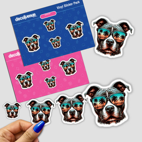 Tropical Sunglasses Pitbull Face sticker featuring a cartoon dog wearing sunglasses, available as a vinyl sticker or digital artwork from Decal Venue.