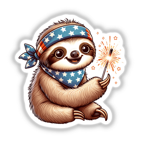 Patriotic Sloth Wearing Bandana Holding Sparkler