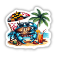 Maryland Shore Blue Crab Sitting in Beach Chair, featuring a detailed cartoon crab on a beach chair, with a colorful umbrella and a glass of orange liquid nearby, available as stickers or digital artwork.