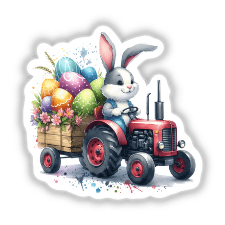 Easter Egg Bunny Tractor III features a cartoon rabbit driving a tractor with a cart full of eggs and flowers, available as unique vinyl stickers or digital artwork from Decal Venue.