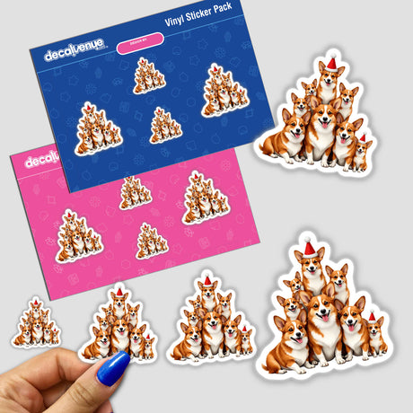 Corgi Christmas sticker pack featuring cartoon dogs wearing festive hats, with one corgi playfully sticking its tongue out. Available as stickers or digital artwork.