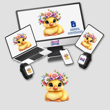 Sweet Duckling Adorned with a Spring Flower Crown sticker or digital art, featuring a cartoon chick with a flower crown, displayed on a computer monitor and laptop.