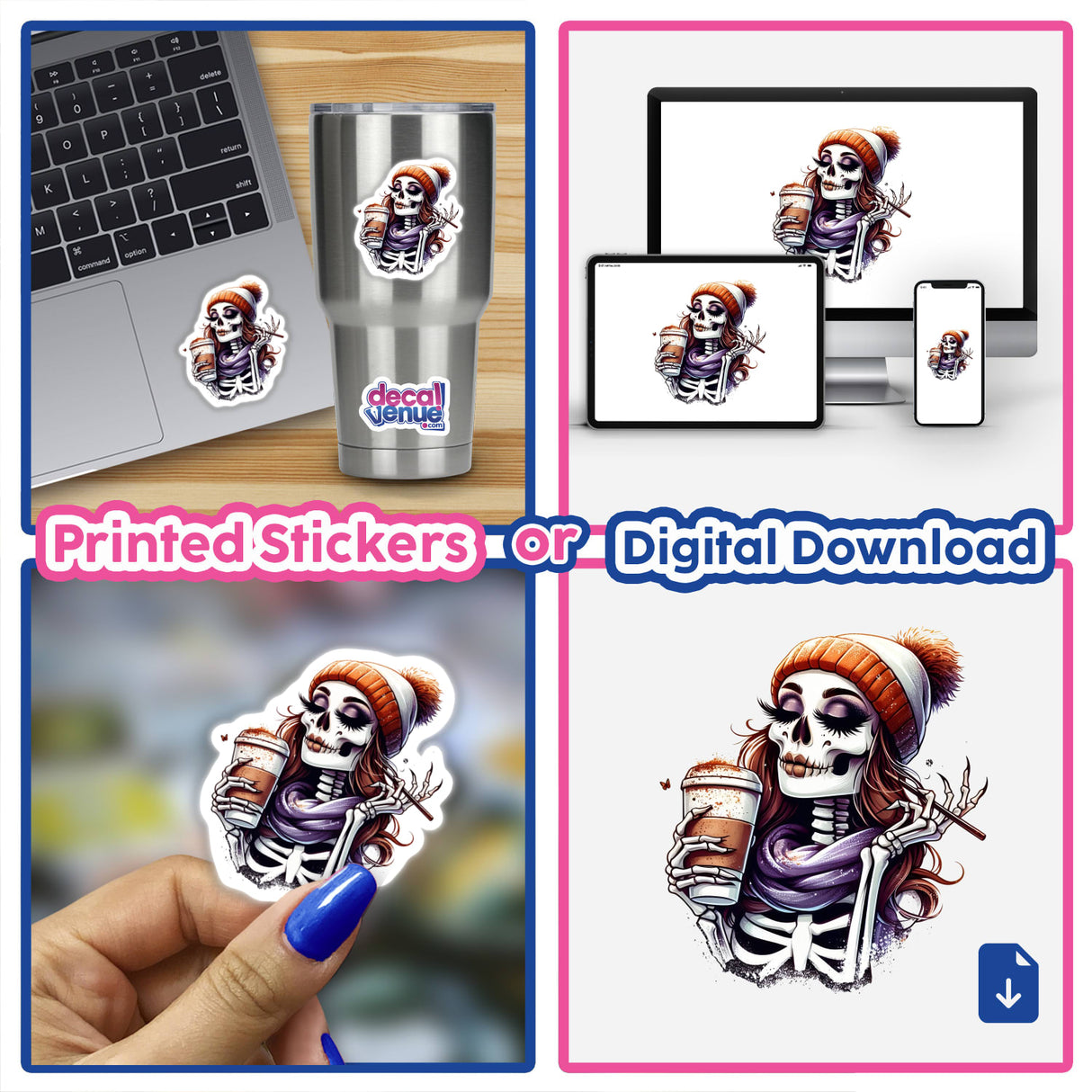 Collage featuring Sassy Skeleton Pumpkin Spice Mama stickers and digital art, depicting a skeleton in various poses with coffee, cigarettes, and hats.