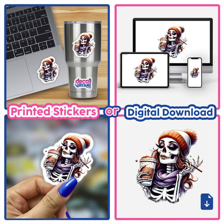 Collage featuring Sassy Skeleton Pumpkin Spice Mama stickers and digital art, depicting a skeleton in various poses with coffee, cigarettes, and hats.