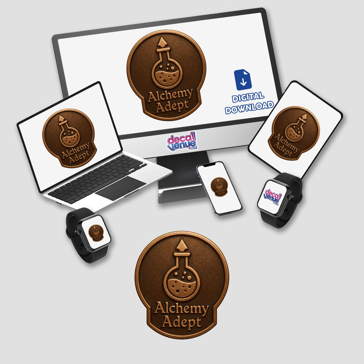 Alchemy Adept – RPG-Style Skill Badge features a detailed Bronze Alchemist Emblem, available as stickers or digital artwork, perfect for enhancing your collection of unique vinyl designs from Decal Venue.