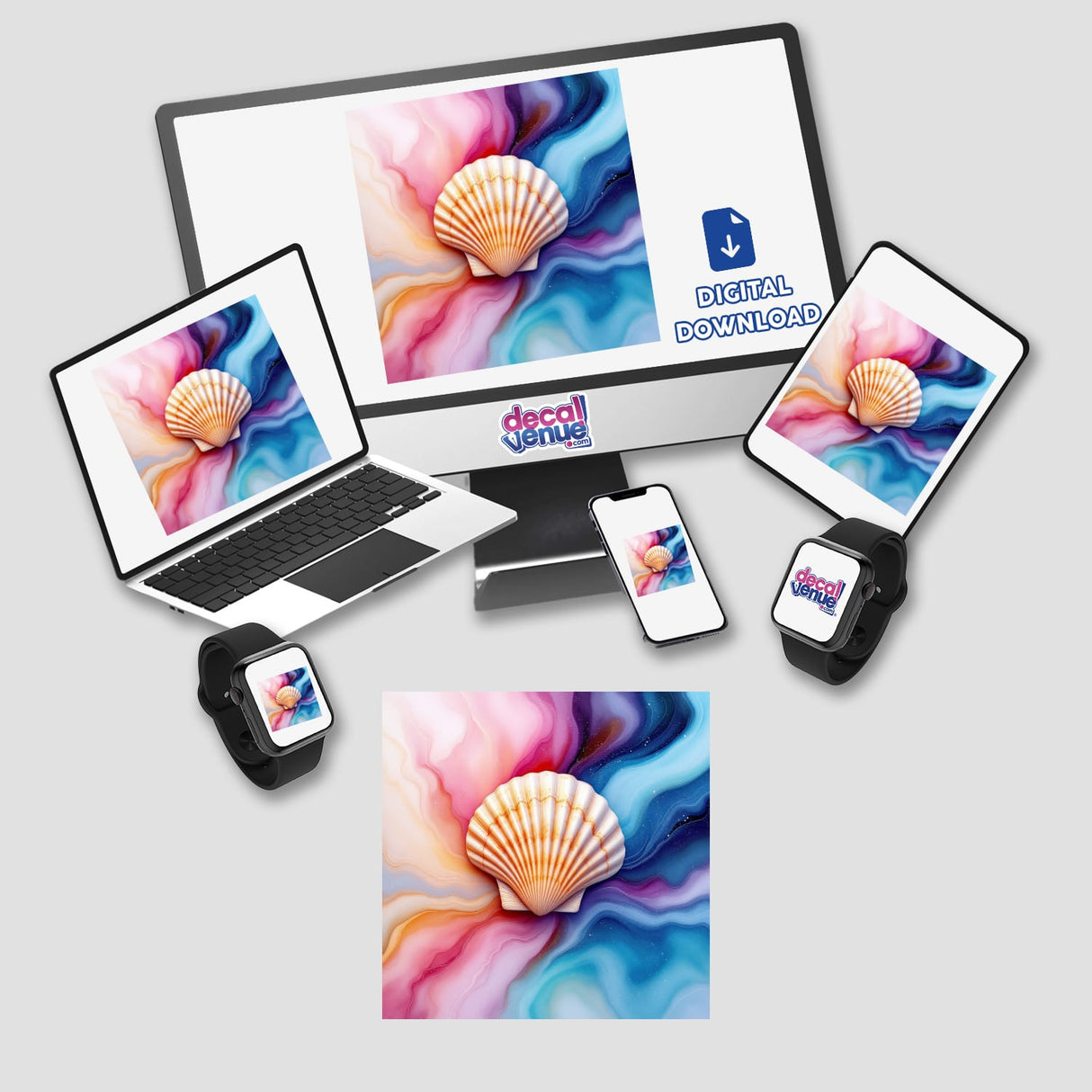 Seashell Alcohol Ink Design showcased on a computer monitor, laptop, and phone, illustrating its versatility as unique stickers or digital artwork from Decal Venue.