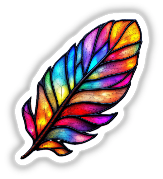 Feather Stained Glass Style: A close-up digital artwork of a colorful feather, reminiscent of stained glass, available as stickers or digital art from Decal Venue.