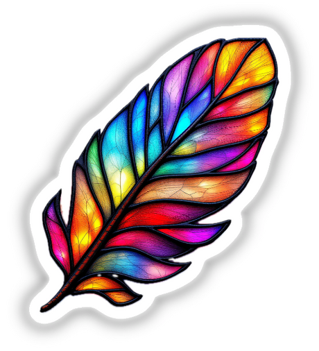 Feather Stained Glass Style: A close-up digital artwork of a colorful feather, reminiscent of stained glass, available as stickers or digital art from Decal Venue.