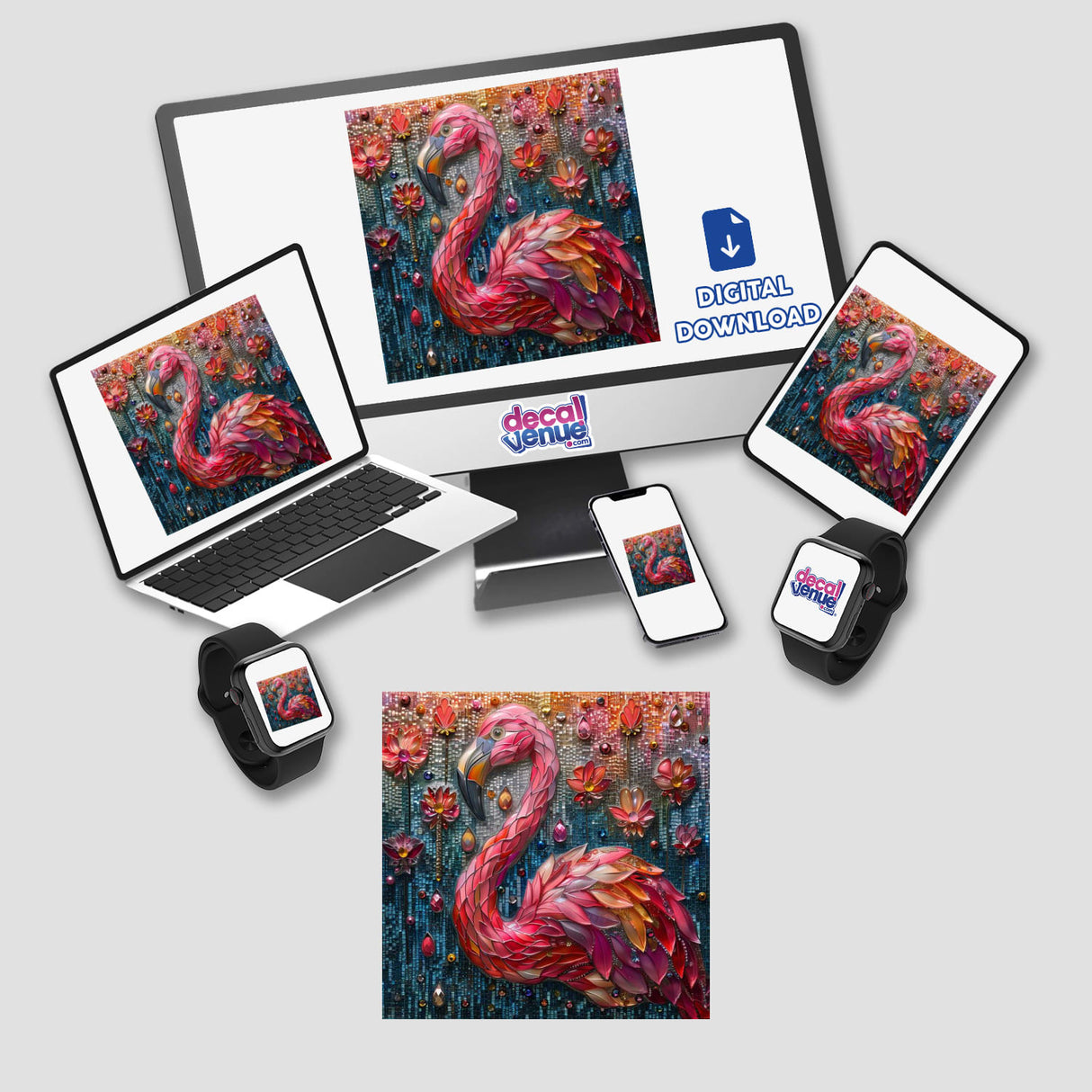 Flamingo Mosaic Jewels displayed on a computer monitor, laptop, tablet, phone, and smartwatch screen, emphasizing its versatility as stickers or digital artwork.