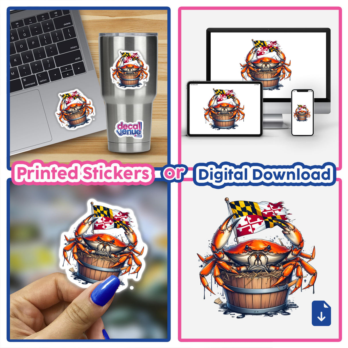 Maryland Crab in a Bushel Bucket: Cartoon crab with a tattered Maryland flag in a wooden basket, available as printed stickers for laptops and tumblers, or digital downloads for various devices.