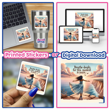 Collage showing a sticker titled Free-Spirited Woman on a Cliff – 'Breathe deeply, for this moment is yours', featuring a woman on a laptop and digital artwork options.