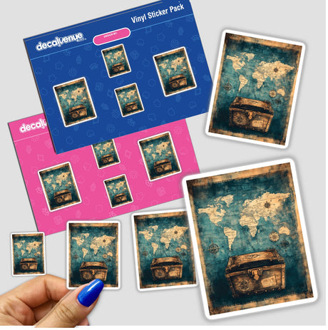Hand holding Treasure Chest on Antique Map sticker pack featuring a detailed world map and treasure chest illustration.