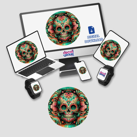 Colorful Day of the Dead digital artwork featuring intricate skull designs on laptop, smartphone, watch, and coasters in front of a computer monitor displaying the Decal Venue online store.