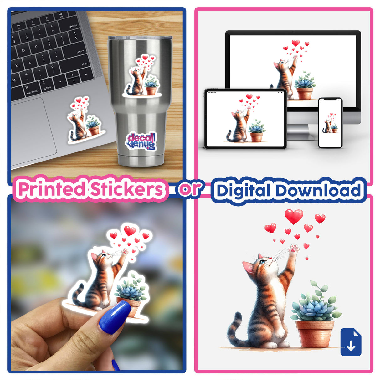 Watercolor cat catching hearts - Digital artwork featuring a cat surrounded by colorful hearts, displayed on various digital devices and printed as stickers, available at the Decal Venue online store that offers unique stickers and digital art created by talented designers.