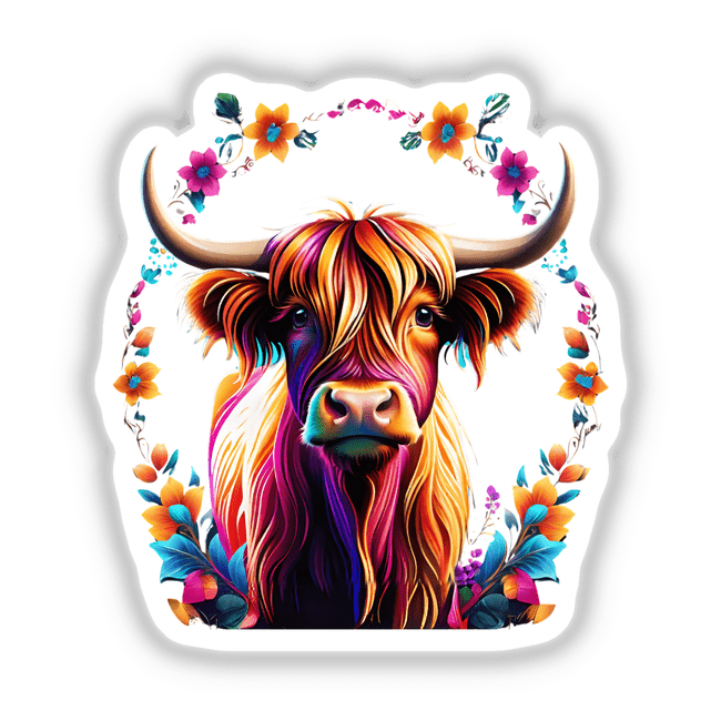 Colorful highland cow portrait with floral wreath, vibrant digital artwork, Decal Venue sticker design.