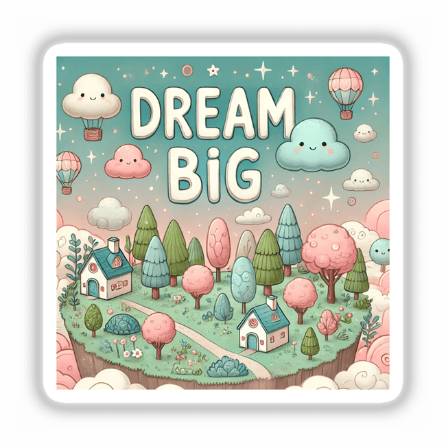 Dream Big Dreamcore Naive Sticker or Clipart - Whimsical artwork depicting a dreamy, uplifting scene, available as stickers or digital art with commercial rights. Ideal for creative projects.