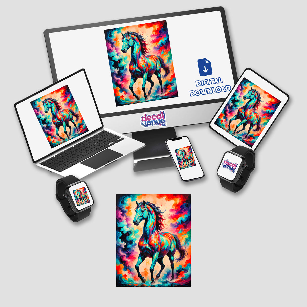 A Beautiful Magical Horse digital artwork displayed on a computer and laptop screen, available as stickers or digital art, showcasing the enchanting equine design from Decal Venue.