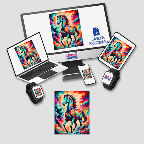 A Beautiful Magical Horse digital artwork displayed on a computer and laptop screen, available as stickers or digital art, showcasing the enchanting equine design from Decal Venue.